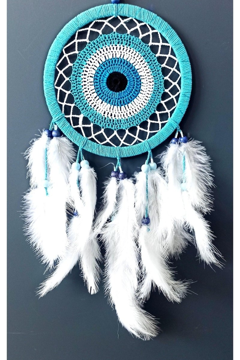Nazar Bead Motived Turquoise Color Dream Catcher White Bird Furry Dream Wall Ornament - TryAladdin