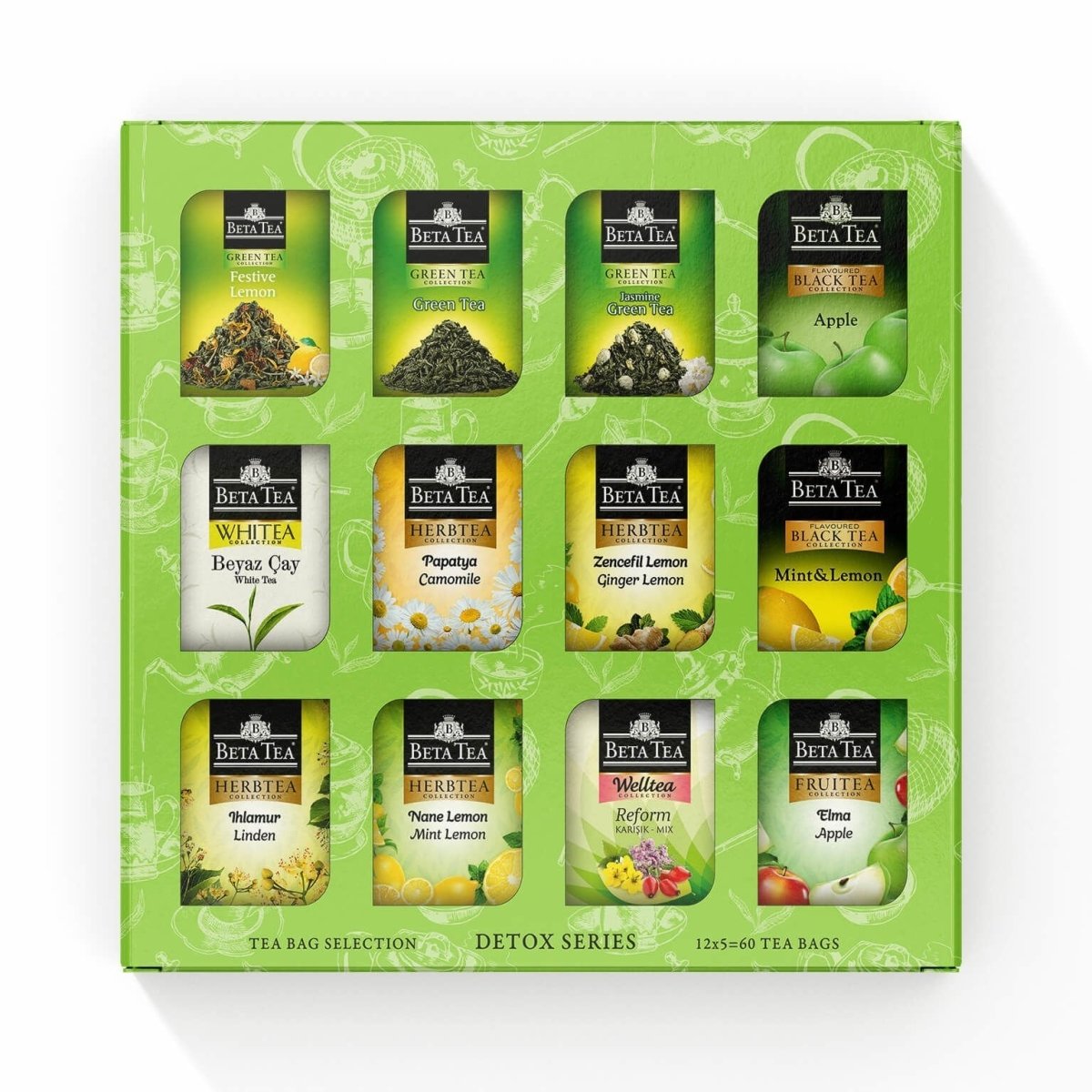 Beta Tea Gift Box – Green & Herbal Tea Detox Series (60 Bags, 12 Varieties x 5 Each) - TryAladdin