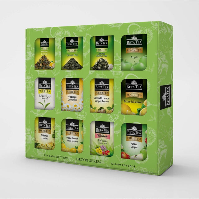 Beta Tea Gift Box – Green & Herbal Tea Detox Series (60 Bags, 12 Varieties x 5 Each) - TryAladdin