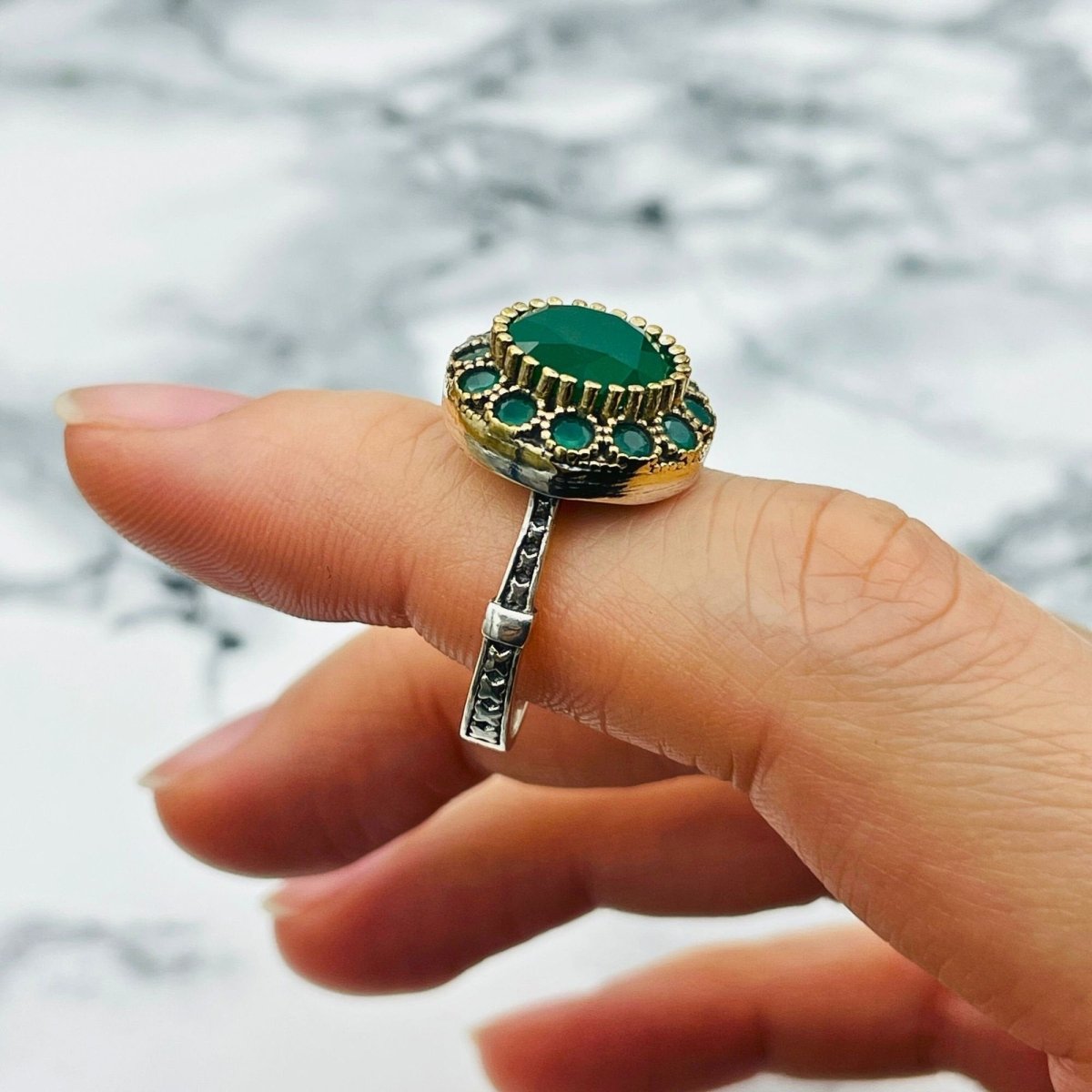 Istanbul Jewelry | Turkish Handmade Emerald Silver Ring with Floral Pattern - TryAladdin