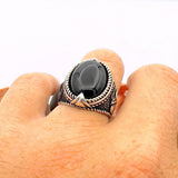 Black Onyx Oval Stone Silver Men's Ring - TryAladdin