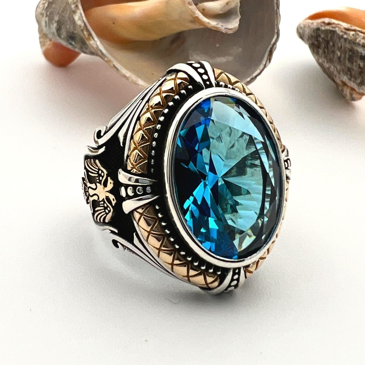 Blue Aquamarine Double Headed Eagle Silver Ring - TryAladdin