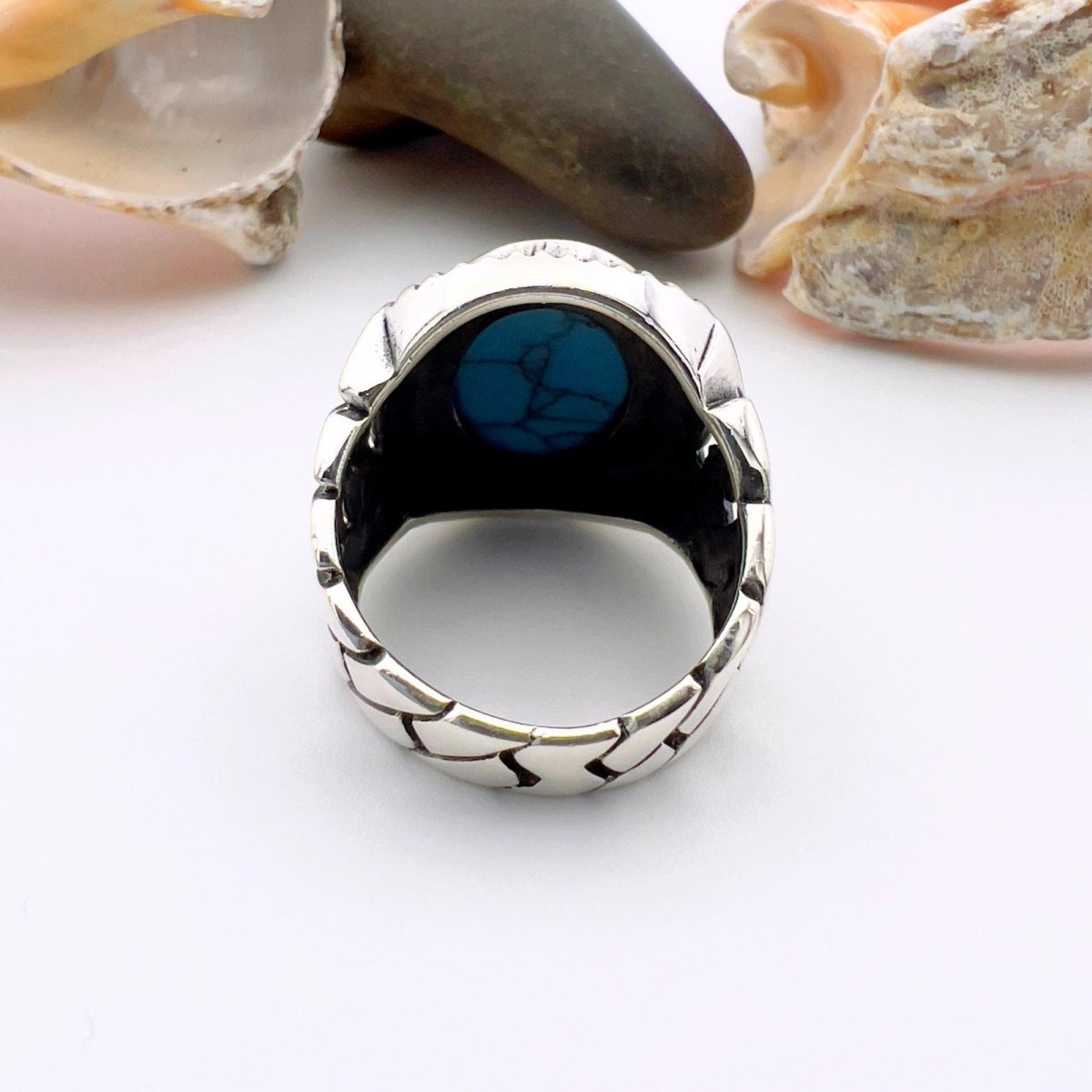 Blue Oval Turquoise Stone Men's Silver Ring - TryAladdin