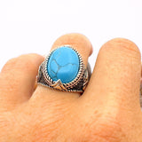 Blue Turquoise Oval Stone Silver Ring - TryAladdin