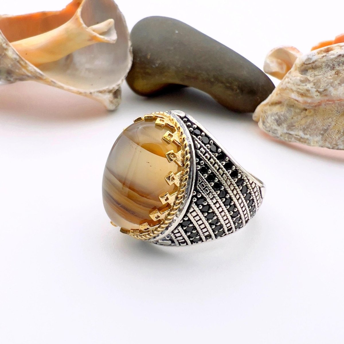 Brown Oval Agate Stone Men's Ring - TryAladdin