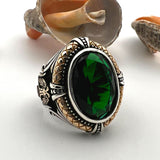 Green Emerald Stone Double Headed Eagle Silver Ring - TryAladdin