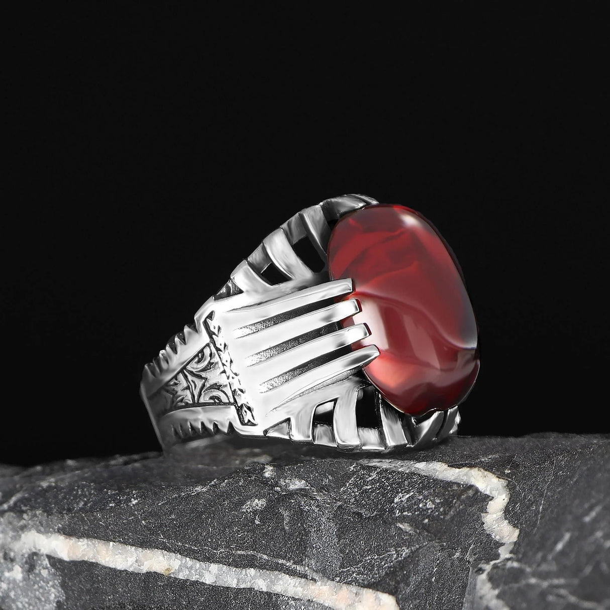 Tesbihevim | Men's Silver Ring with Red Agate Stone - TryAladdin