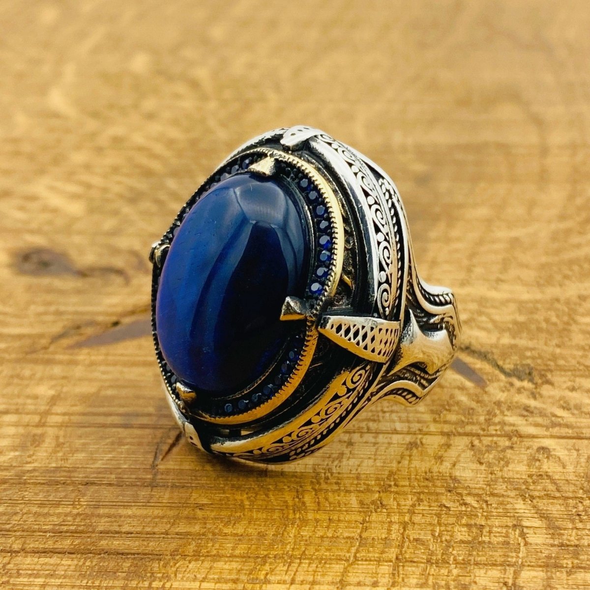 Men Blue Lapis Lazuli Silver Ring - TryAladdin