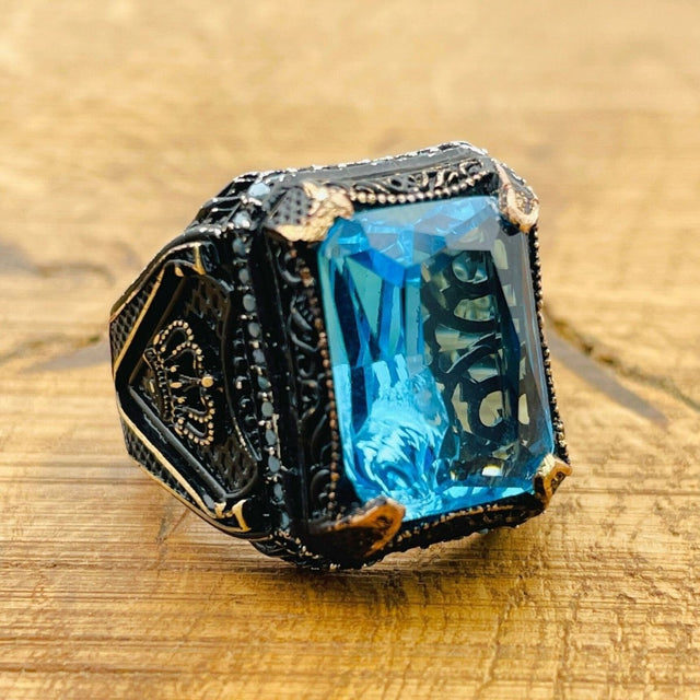 Men’s Aquamarine Square Ring - TryAladdin