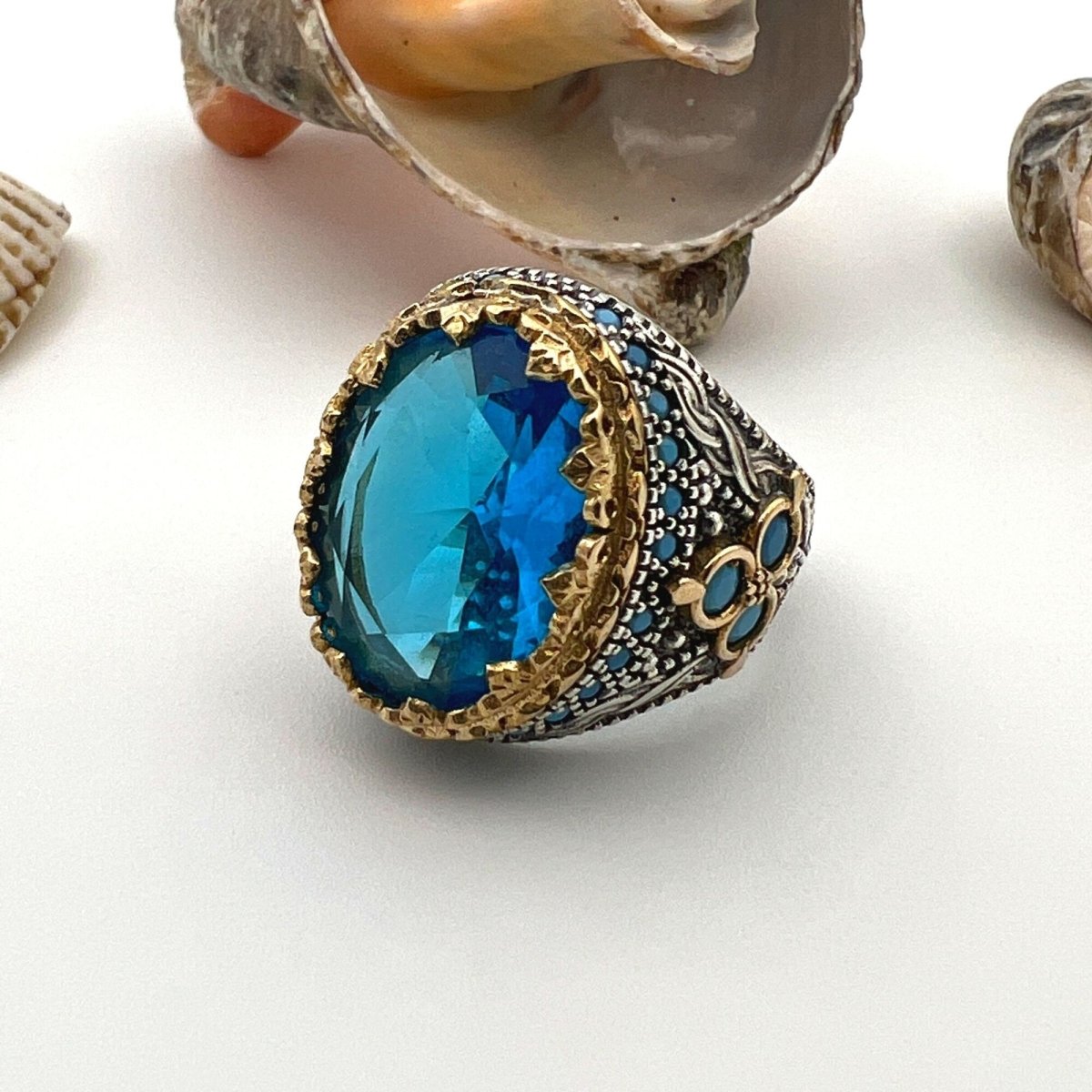 Men's Aquamarine Stone Blue Oval Ring - TryAladdin