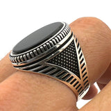 Men's Black Onyx Oval Stone Silver Ring - TryAladdin