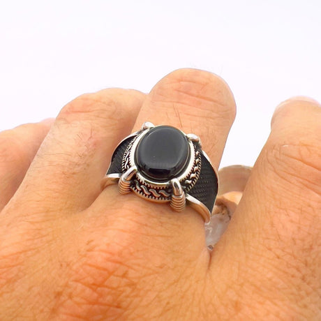 Men's Black Onyx Stone Ottoman Style Silver Ring - TryAladdin