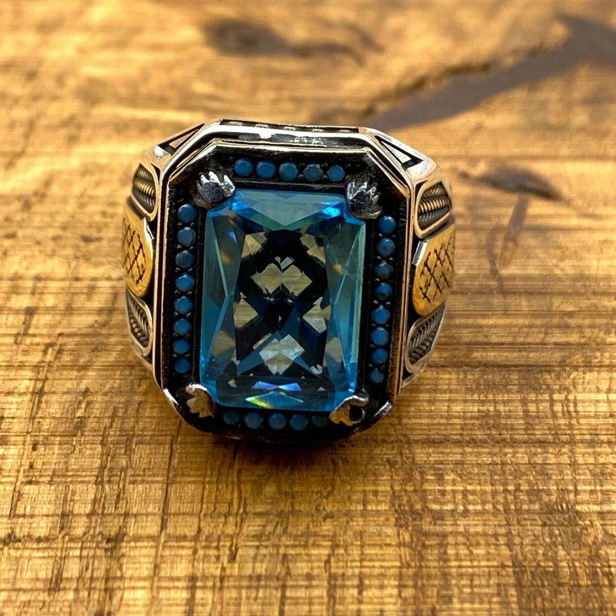 Men's Blue Aquamarine Silver Ring - TryAladdin