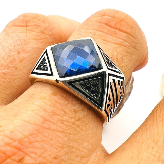 Men's Blue Sapphire Stone 925 Sterling Silver Ring - TryAladdin