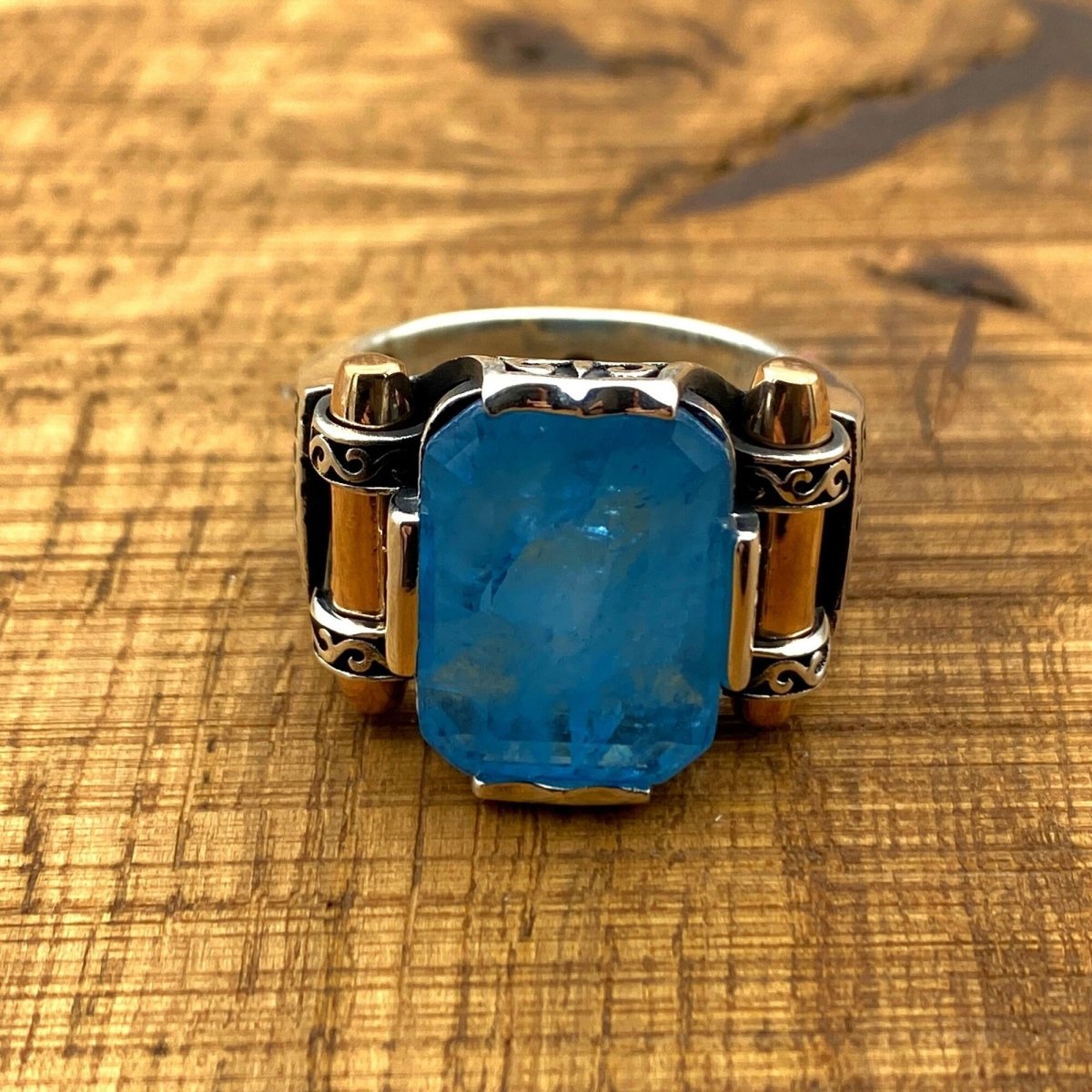 Men's Blue Tourmaline Squared Stone SIlver Ring - TryAladdin