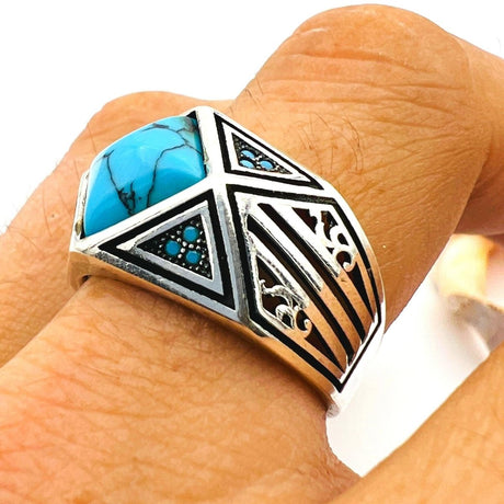 Men's Blue Turquoise Gemstone Handmade Silver Ring - TryAladdin