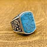 Men's Blue Turquoise Stone Silver Ring - TryAladdin