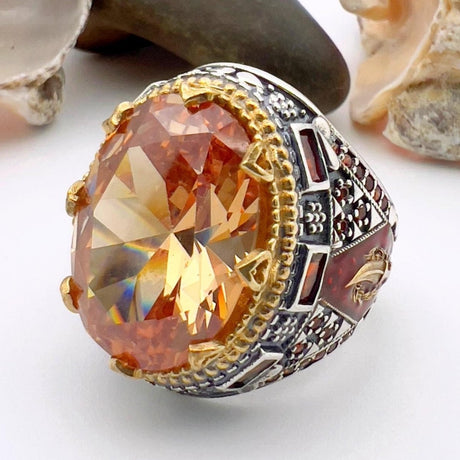 Men's Champagne Citrine Stone Silver Ring - TryAladdin