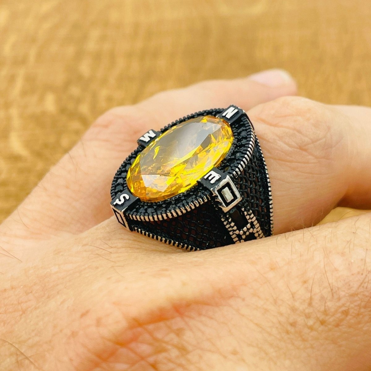 Men's Citrine Compass Silver Ring - TryAladdin