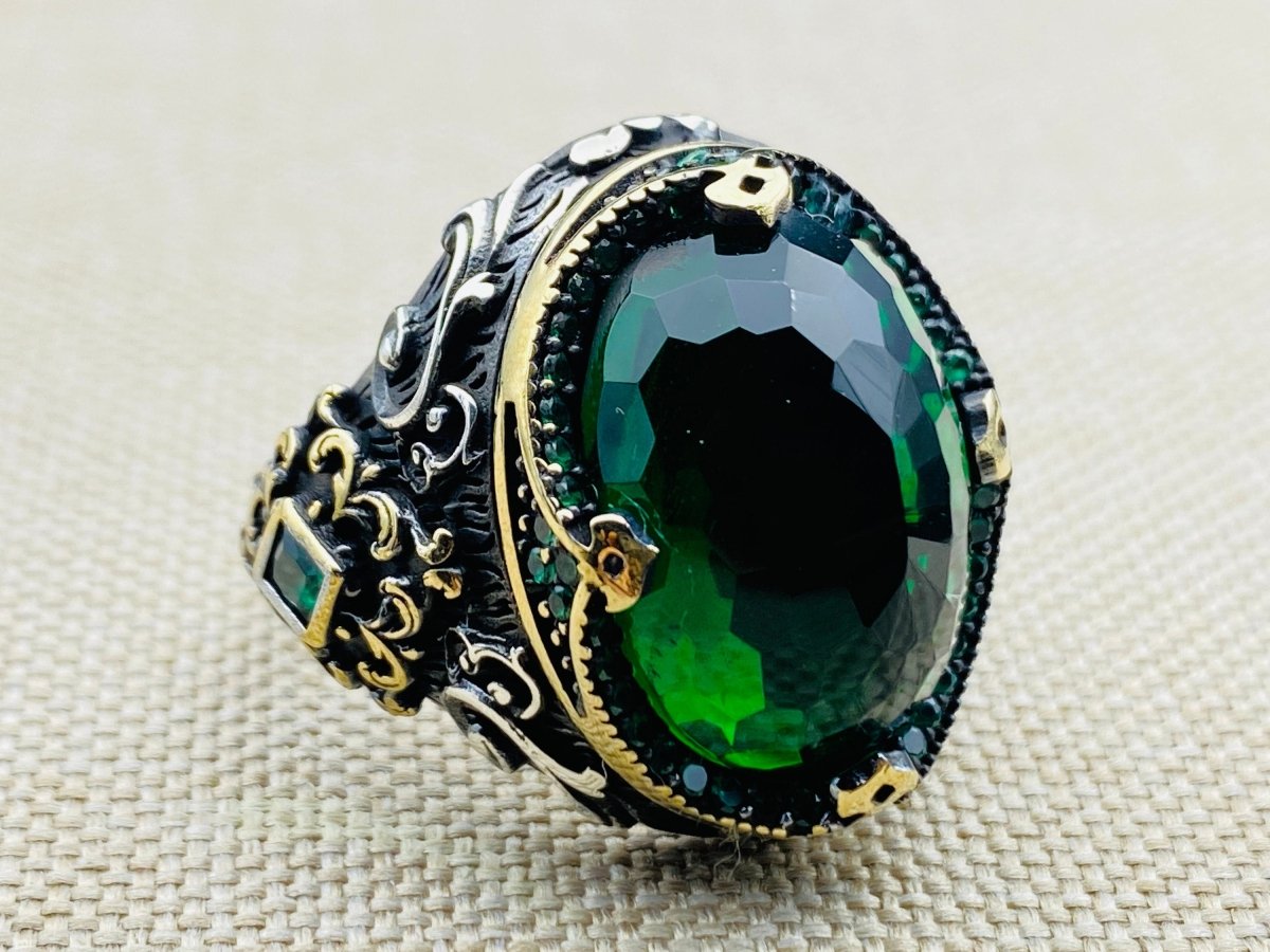 Men's Cubic Zircon Stone Green 925 Sterling Silver Ring - TryAladdin