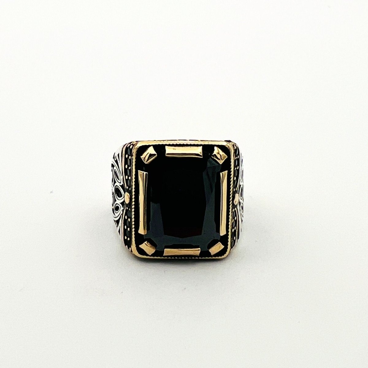 Men's Embroidered Onyx Silver Ring - TryAladdin