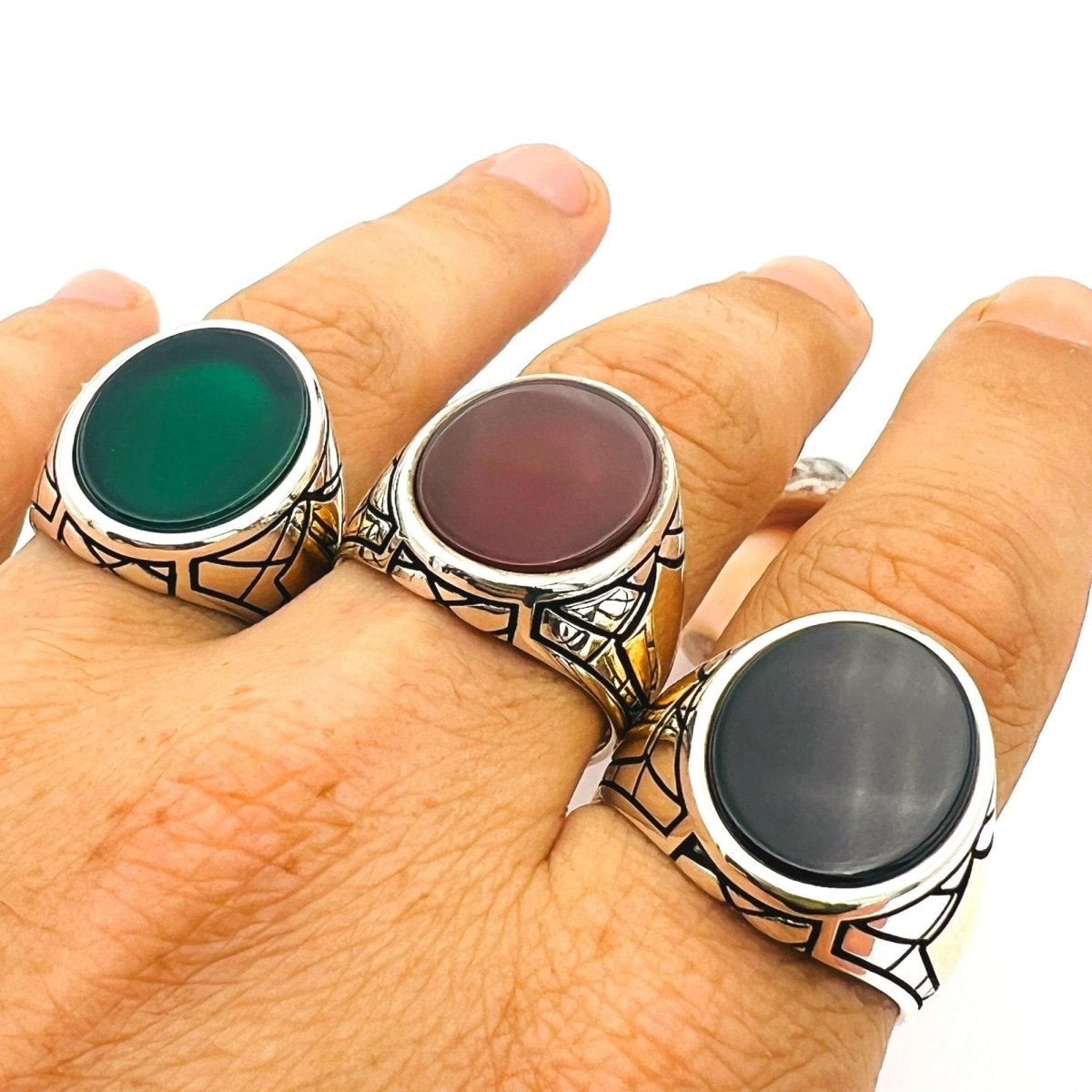 Men's Green Agate Stone Silver Ring - TryAladdin