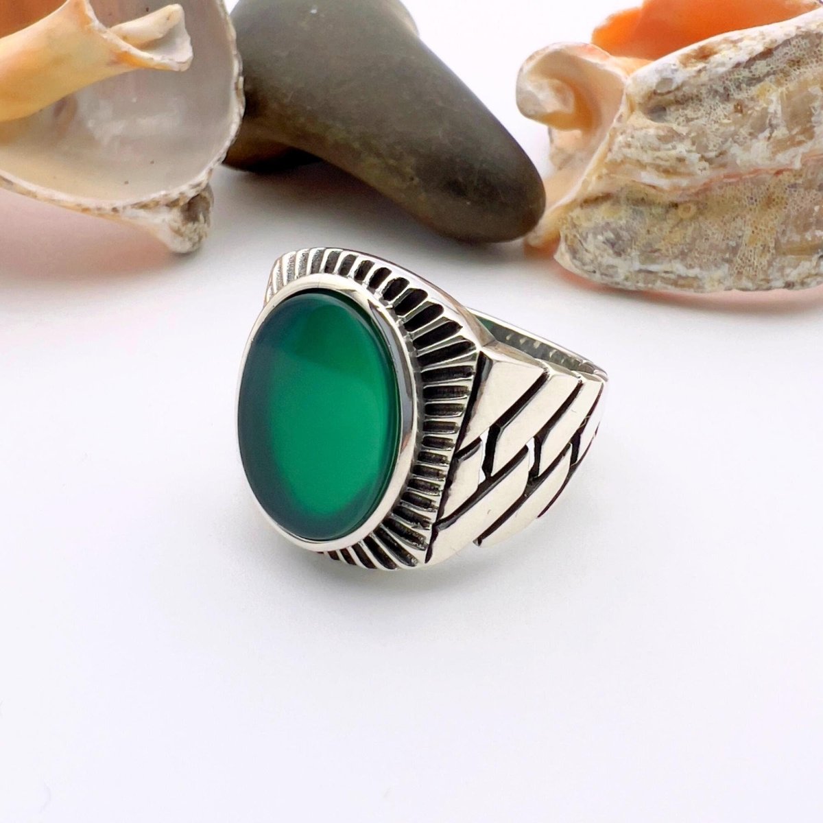 Men's Green Agate Stone Silver Ring - TryAladdin