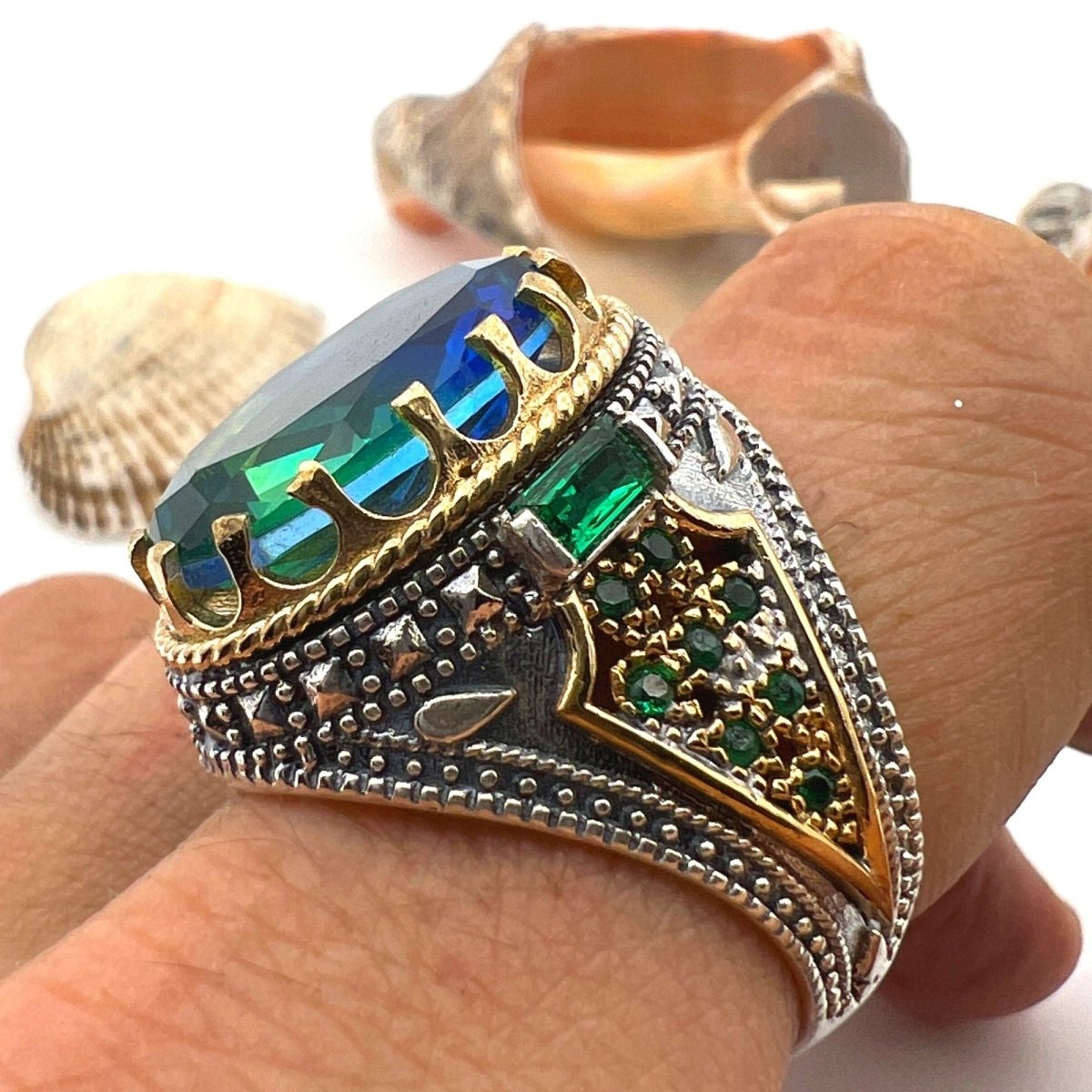 Men's Green - Blue Stone Silver Ring - TryAladdin