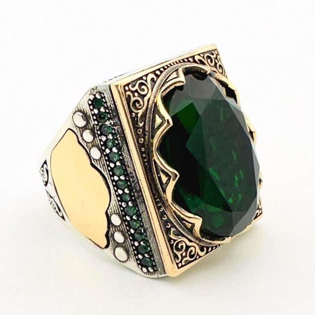 Men's Green Emerald Silver Ring - TryAladdin