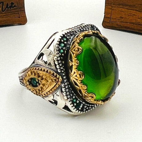 Men's Green Topaz Agate Stone Silver Ring - TryAladdin