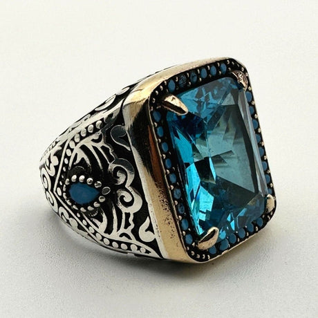 Men's Handmade Blue Aquamarine Stone Silver Ring - TryAladdin