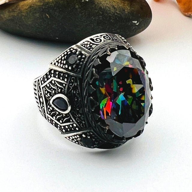 Men's Multicolor Mystic Topaz Stone Silver Ring - TryAladdin