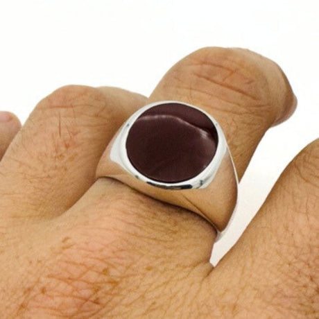 Men's Natural Oval Red Agate Silver Ring - TryAladdin