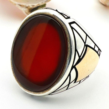 Men's Red Agate Silver Ring - TryAladdin