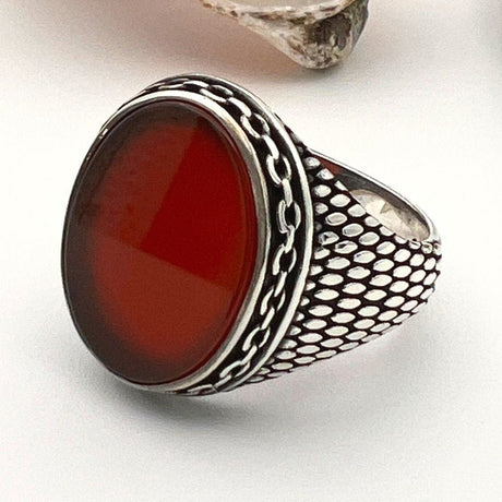 Men's Red Agate Stone Silver Ring - TryAladdin