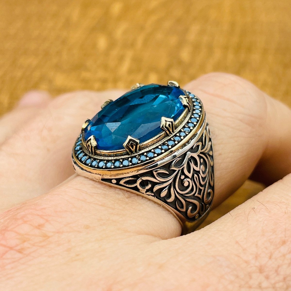 Men's Silver Ring with Blue Aquamarine Stone - TryAladdin