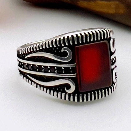 Men's Silver Ring with Square Red Agate - TryAladdin