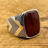 Men's Square Red Agate Silver Ring - TryAladdin