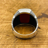 Men's Square Red Agate Silver Ring - TryAladdin