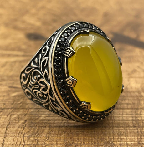 Men's Yellow Agate Stone Silver Ring - TryAladdin