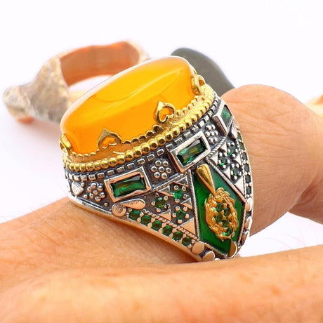 Men's Yellow Agate Stone Silver Ring - TryAladdin