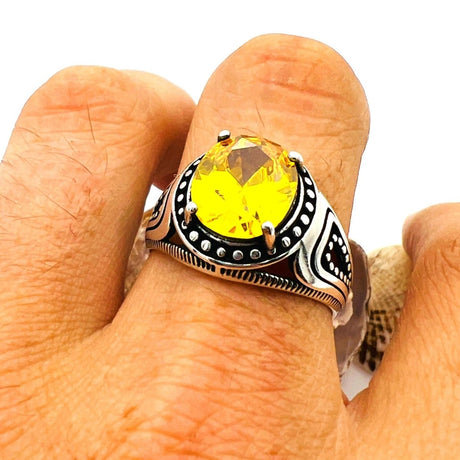 Men's Yellow Citrine Stone Silver Ring - TryAladdin