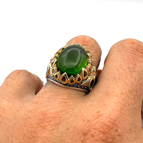 Men's Yemeni Aqeeq Stone Green Agate 925 Sterling Silver Ring - TryAladdin