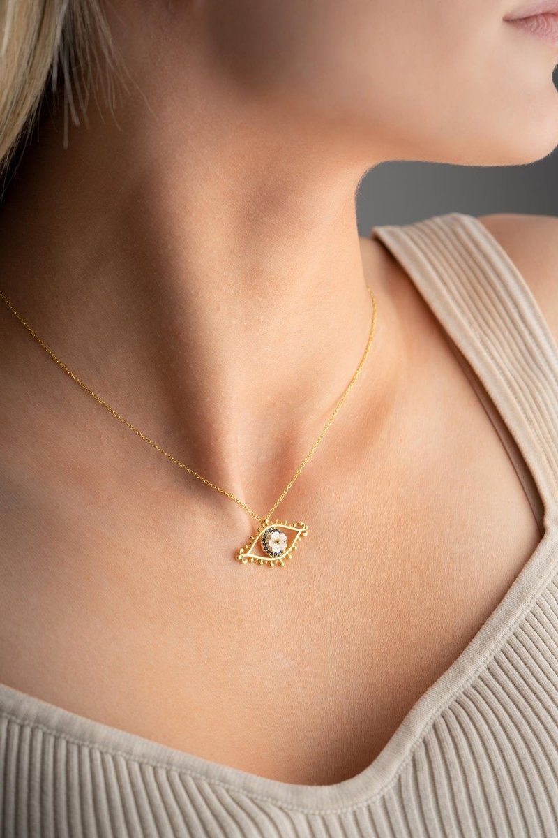 Nereze | Gold Plated Magnolia Flower with Nazar Evil Eye Detail Necklace - TryAladdin