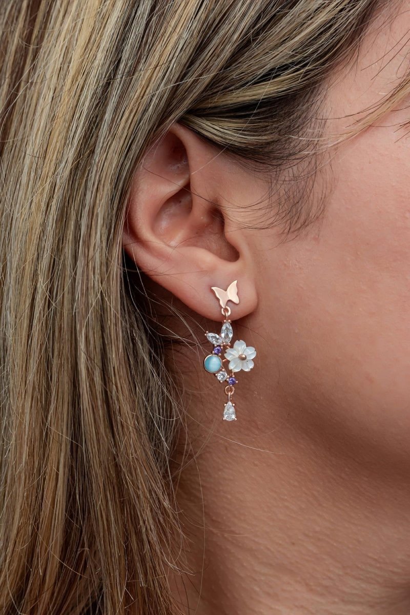 Nereze | Magnolia Flower Earrings with Butterfly Blue Stone - TryAladdin