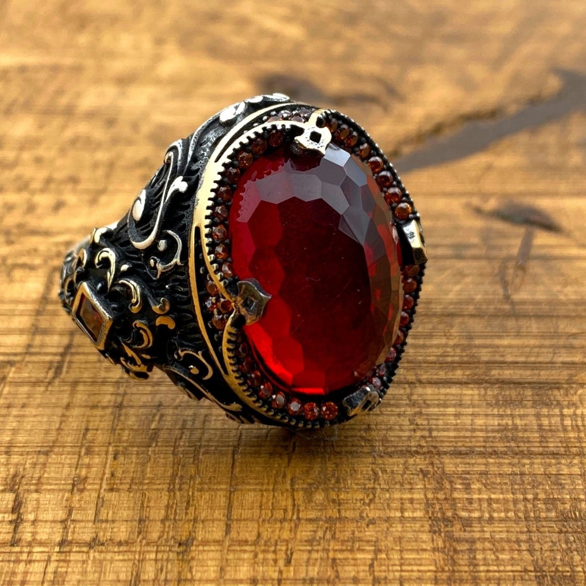 Oval Red Zircon Ottoman Style Ring - TryAladdin