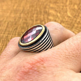 Oval Zircon Red Stone Handmade Silver Men's Ring - TryAladdin