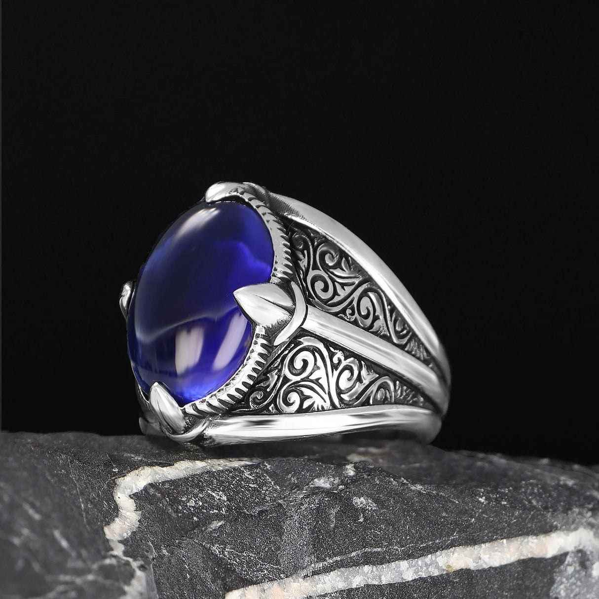 Tesbihevim | Men's Silver Ring with Parliament Blue Stones - TryAladdin