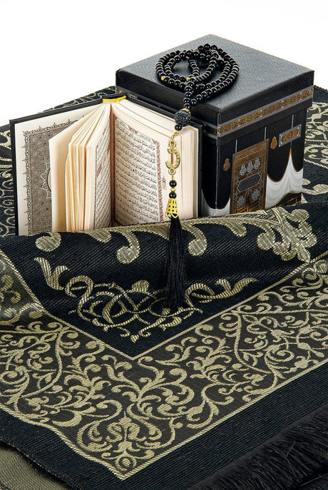 Prayer Rug and Quran Set with Kaaba Patterned Special Box - Black - TryAladdin