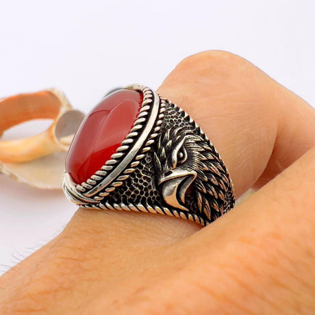 Red Oval Agate Stone Silver Men's Ring - TryAladdin